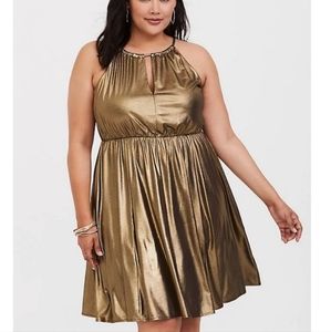 Torrid Metallic Gold halter skater dress size 1
